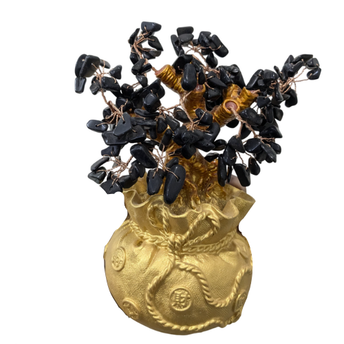 Crystal Tree Decor Natural Crystal Money Tree Ornament with Base for Good Luck, Wealth& Prosperity- Home Office Decor Spiritual Gift (Black)